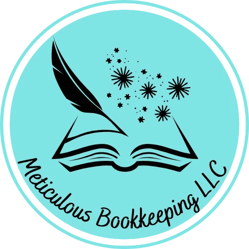 Meticulous Bookkeeping LLC logo with a book and quill pen inside a teal circle