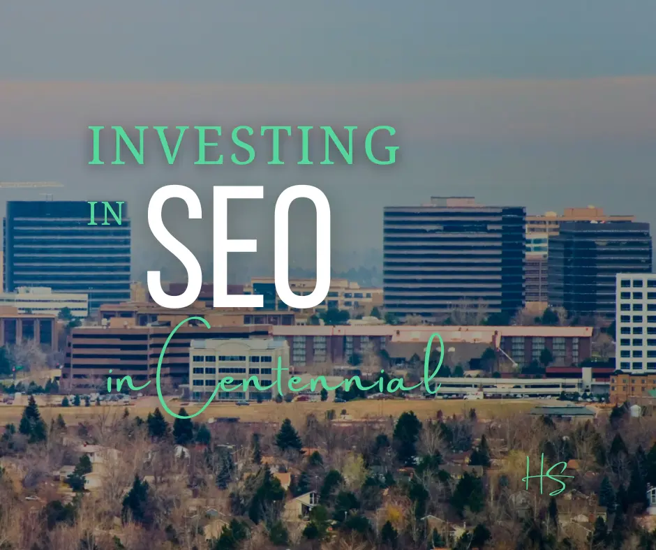 SEO cost in Centennial, CO graphic with a view of the Denver Tech Center in the background